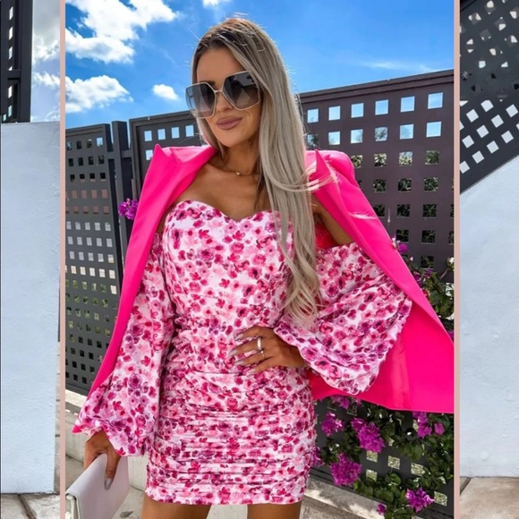 Leaf & Floral Embroidery Puff Sleeve Bardot Dress